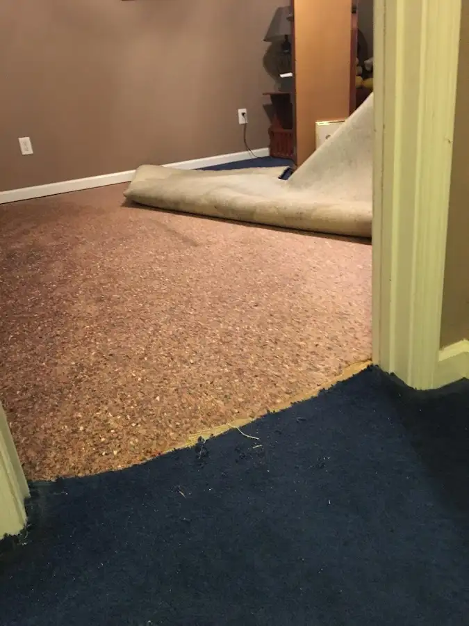 Carpet pad removal revealing water damage during Drying & Dehumidification in Horseshoe Bay